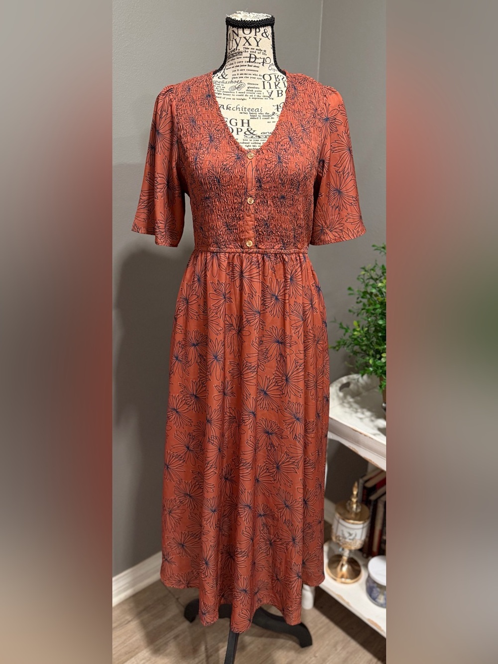 Polagram Rust Midi Dress with Navy Floral Print